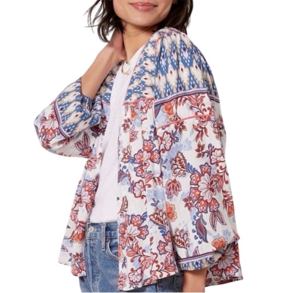 Evereve Penny Floral Kimono Linen Open Blouse Red Blue Women Small Extra Small - Picture 10 of 12